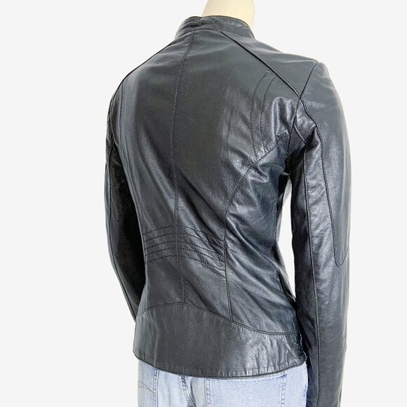 Vintage Y2K Black Leather Biker Jacket by DANIER / Made in Canada / size X-Small - Picture 3 of 16